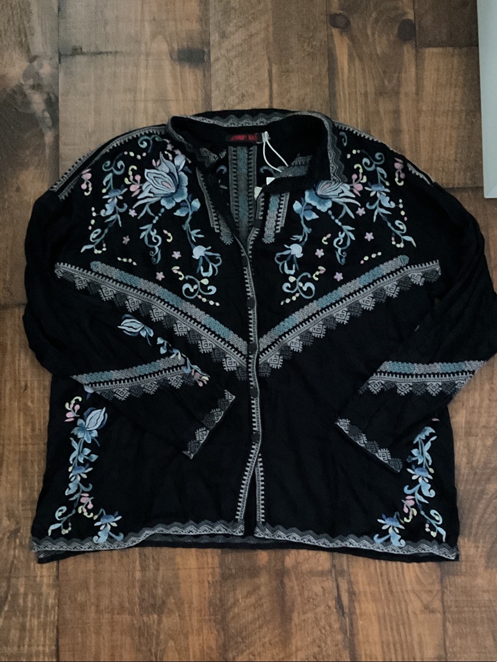Johnny Was Black Embroidered Button-Down with Teal and Gray Accents